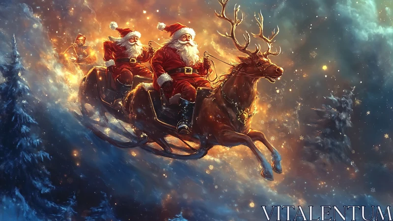 Santa’s blazing sleigh cuts through a magical winter night.