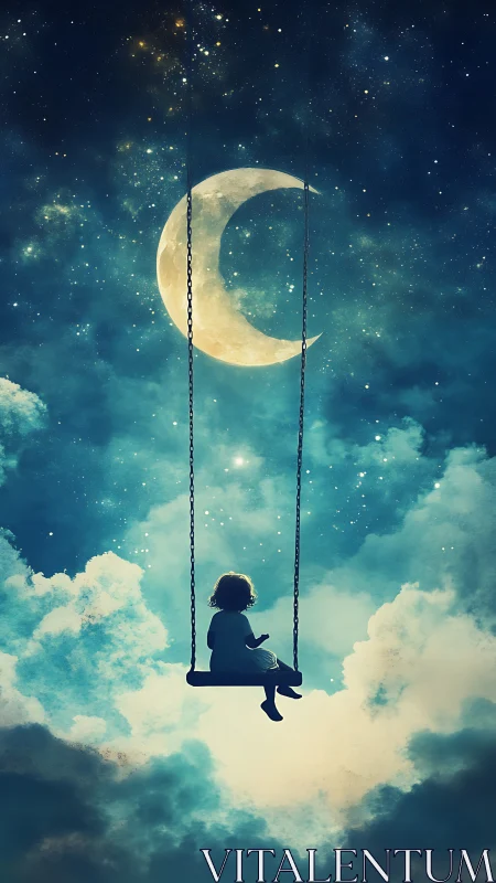 Child on cloud swing under crescent moon in starry sky.