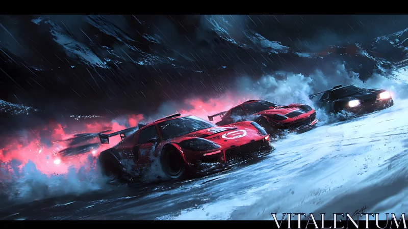 Night rally hypercars drift through neon snowstorm canyon.