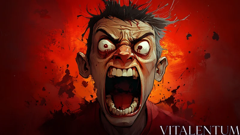 Male figure with wide open mouth against red backdrop.