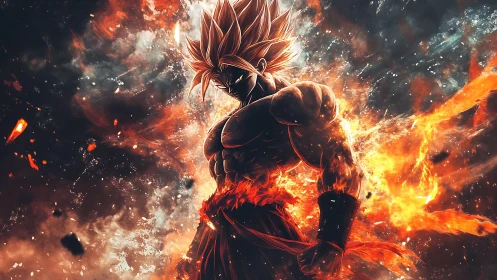 Flaming warrior carves molten light through the storm