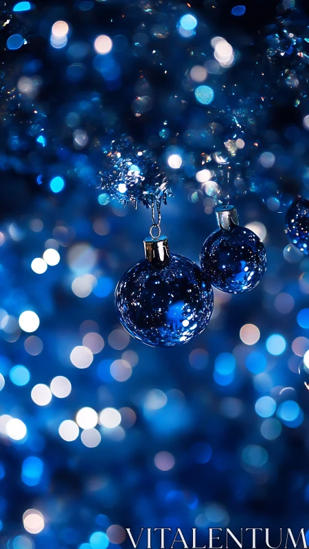 Blue glass ornaments in luminous holiday bokeh field.