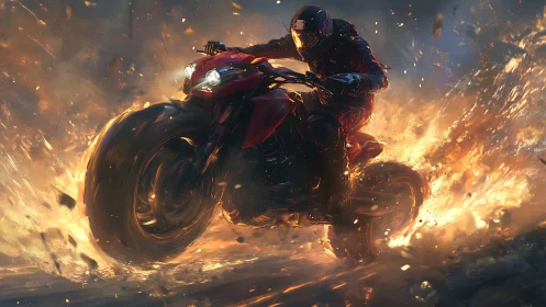 Motorcyclist rides through explosive firestorm in night scene.