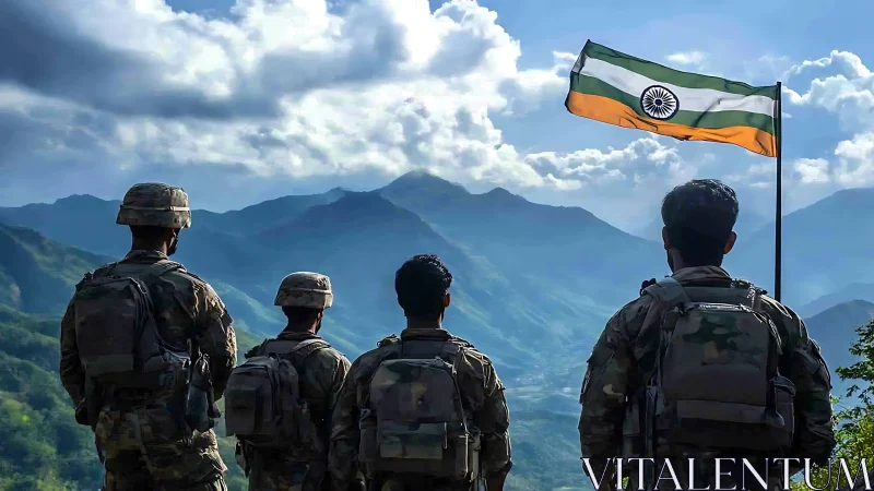 Indian soldiers overlooking misty Himalayan valley landscape.