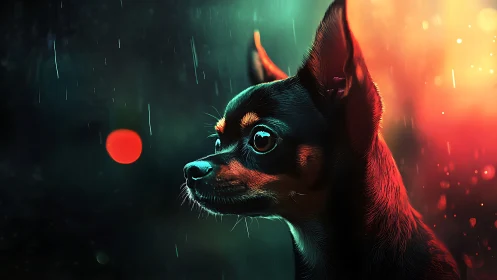 Small black dog in neon rain with intense side profile.