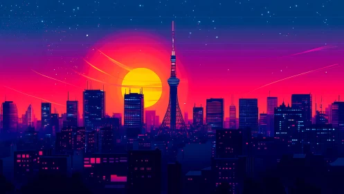 Neon gradient metropolis skyline under oversized vector sun.