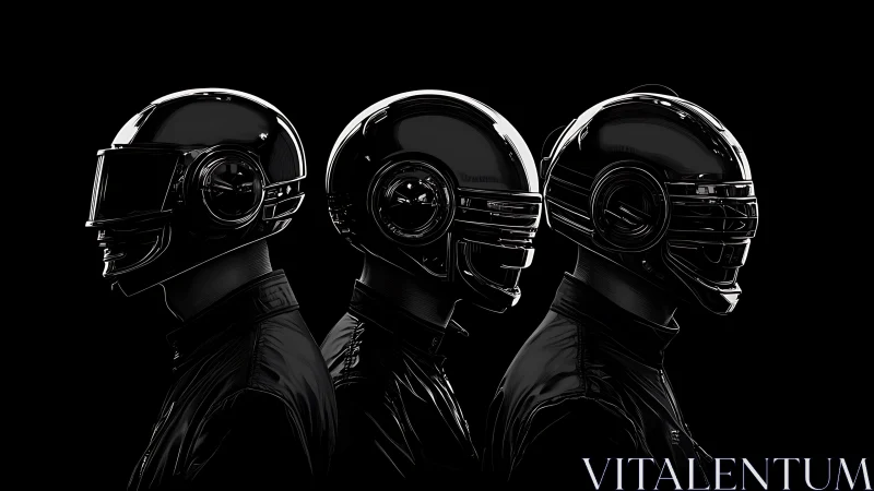 Triadic chrome visors in synchronized cybernetic silhouette.