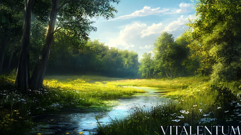 River flowing through forested landscape with deciduous trees