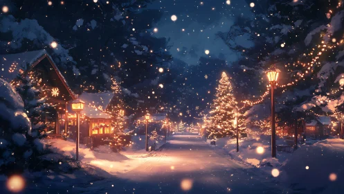 Snowy village street with glowing Christmas lights at night.