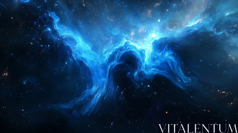 Vivid blue cosmic nebula cloud swirling in deep space.