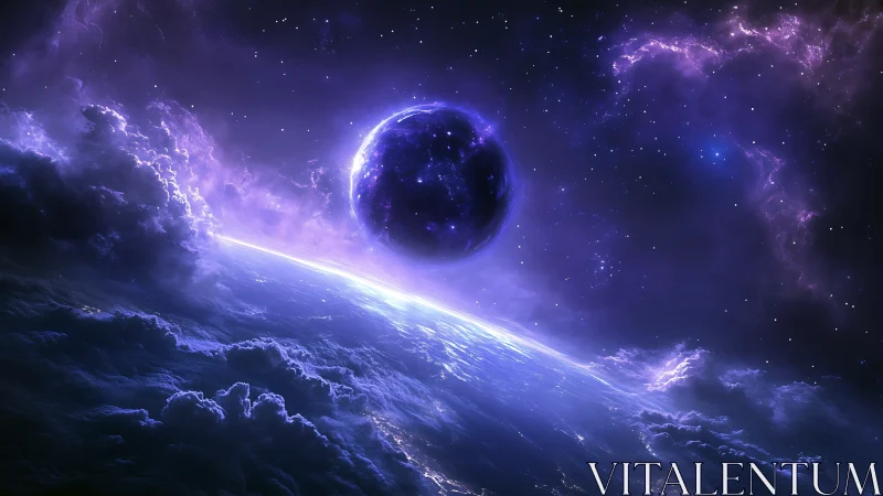 Starlit purple planet drifts gently above a glowing blue world