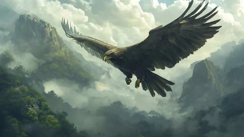 Majestic Eagle Soaring Over Misty Mountain Landscape, Fantasy Art.