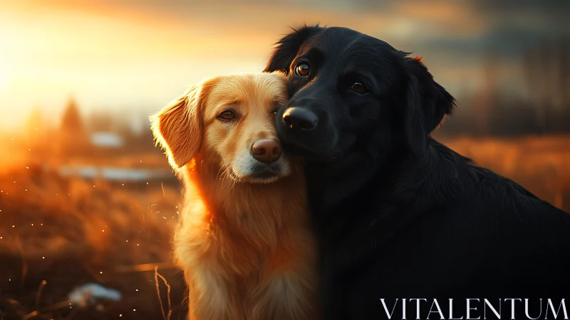 Two faithful hounds share golden hour reverie across autumn fields.