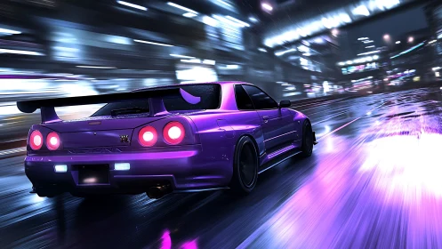 Neon-illuminated Nissan Skyline GT-R in high-speed motion blur.