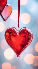 Red glass heart ornament suspended against blurred bokeh background