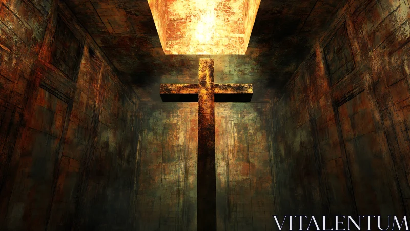 Cross stands in rusted chamber under harsh overhead light