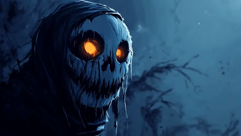 Hooded skull wraith with burning eyes in cold blue void.