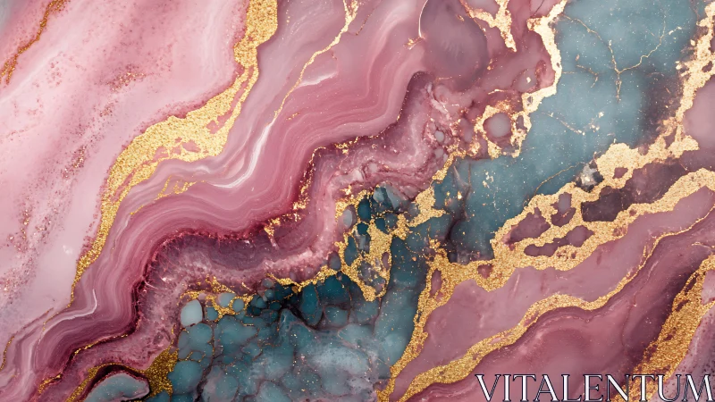 Golden rivers of pink and teal marble flow in soft harmony