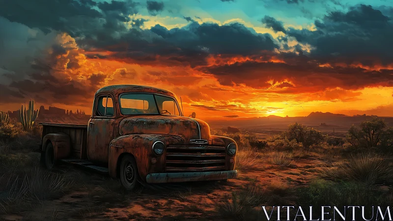 Rusty pickup truck rests under blazing desert sunset sky