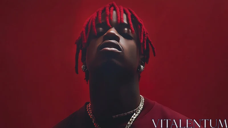 Bold portrait of man with red dreadlocks against rich red glow