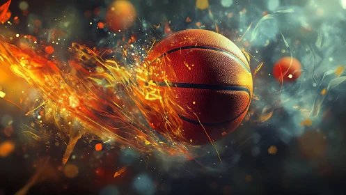 High-velocity basketball in fiery motion blur and plasma trails