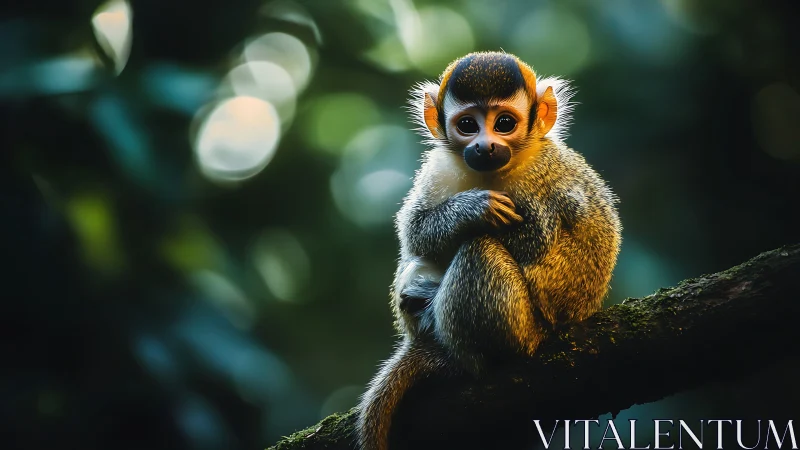 Juvenile squirrel monkey posed on branch under bokeh canopy.