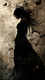 Silhouetted female profile dissolves into splintered abstract dust