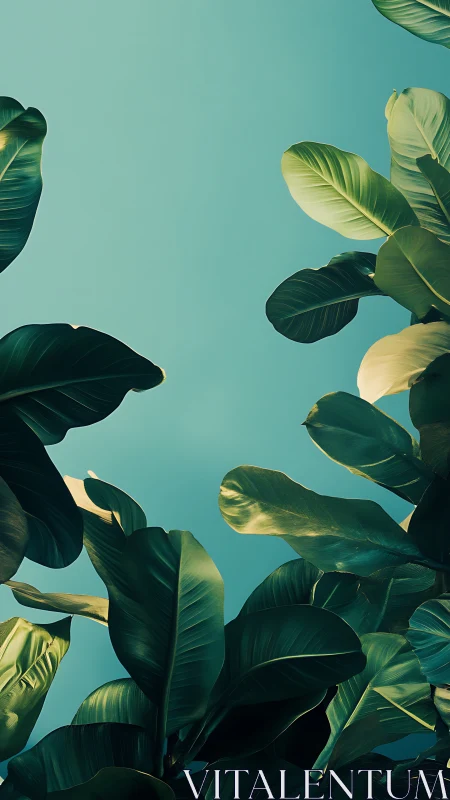 Sunlit tropical foliage silhouettes define a minimal sky frame