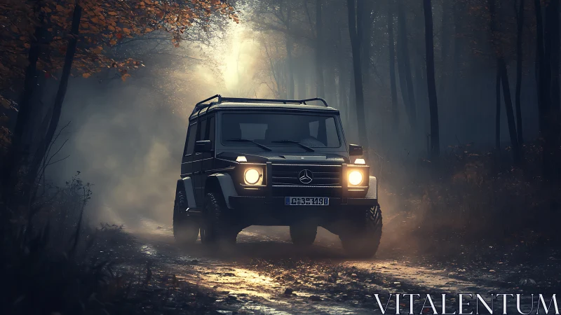 Mercedes off road SUV on misty forest dirt track at dusk.