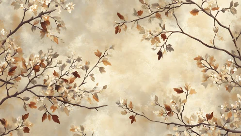 Branch pattern with neutral blossoms on textured beige field.