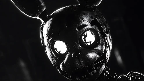 Corroded mechanical rabbit head in stark monochrome lighting.