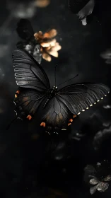 Black butterfly with orange markings against dark foliage.