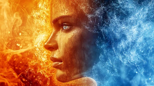 Surreal portrait of woman with fiery and watery elements fused together.