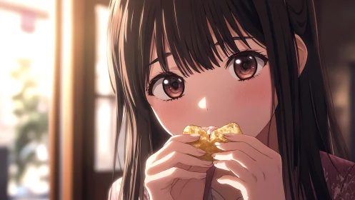 Anime close-up portrait with warm café lighting and snack focus.