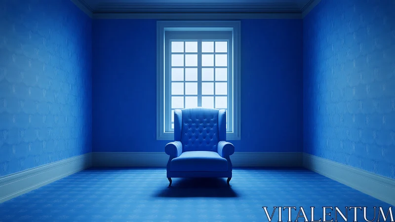 Blue armchair in empty monochrome room with window focus.