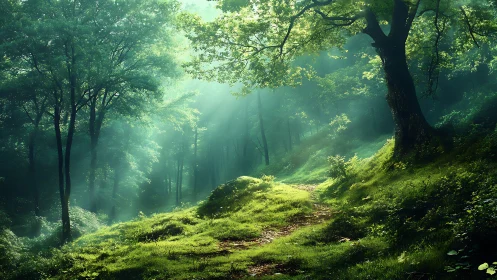 Sunlit forest path with lush greenery in tranquil morning light.