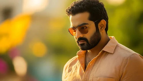 Sunlit man in peach shirt wearing reflective sunglasses.