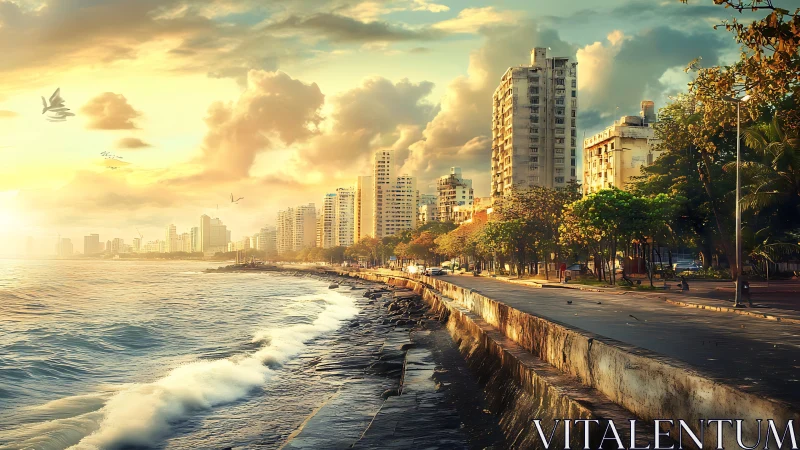 Coastal boulevard skyline in atmospheric sunset illumination.