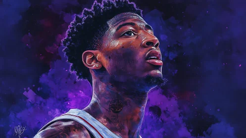 Digital portrait of basketball player on abstract purple field