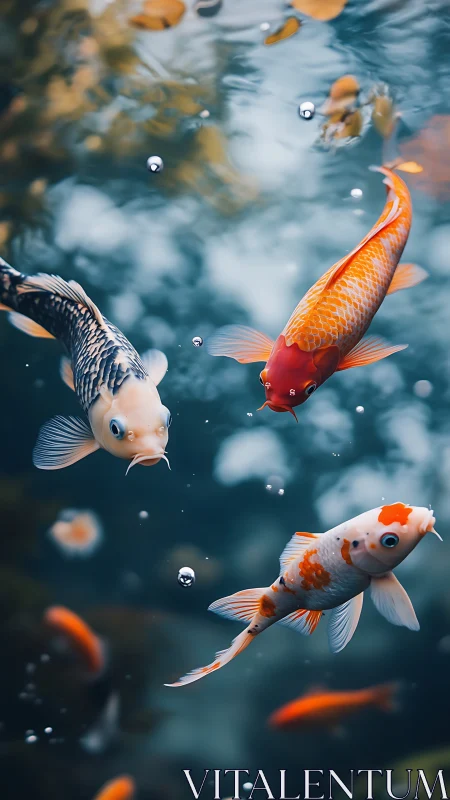 Graceful koi fish glide through a tranquil blue pond.