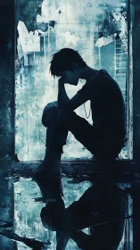 Silhouetted boy sits in blue ruin, lost in quiet sorrow