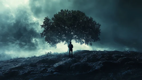 Solitary figure stands beneath isolated tree in storm haze