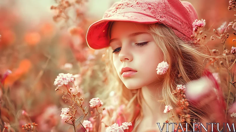 Girl in coral cap stands amid soft-focus wildflower field