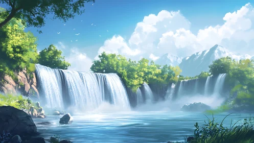 Sunlit mountain waterfalls pouring into tranquil lagoon.