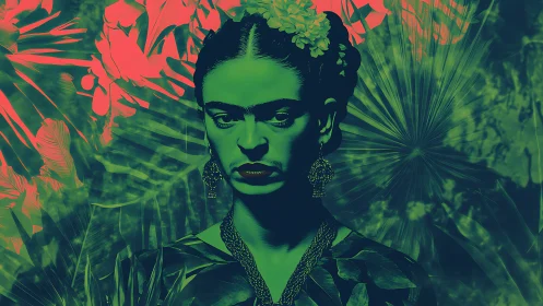 Bold stylized portrait of woman in tropical foliage scene.