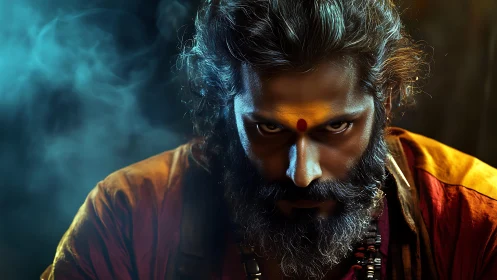 Intense bearded mystic with painted forehead in smoke