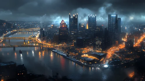 Moody riverfront city skyline under stormy night rain.