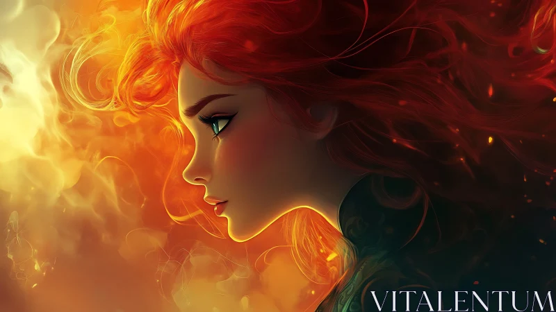Firelit profile of a ember-haired sorceress in swirling glow.