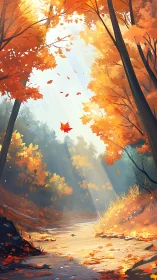 Autumn Forest Path with Falling Leaves and Morning Light.