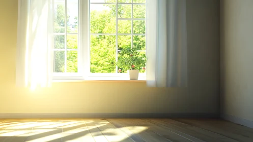 Sunlit minimalist room frames a bright, leafy garden view